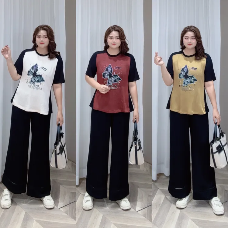 PWD33183【现货仅上衣】新款撞色拼接显瘦蝴蝶大码女装上衣【衣长68】