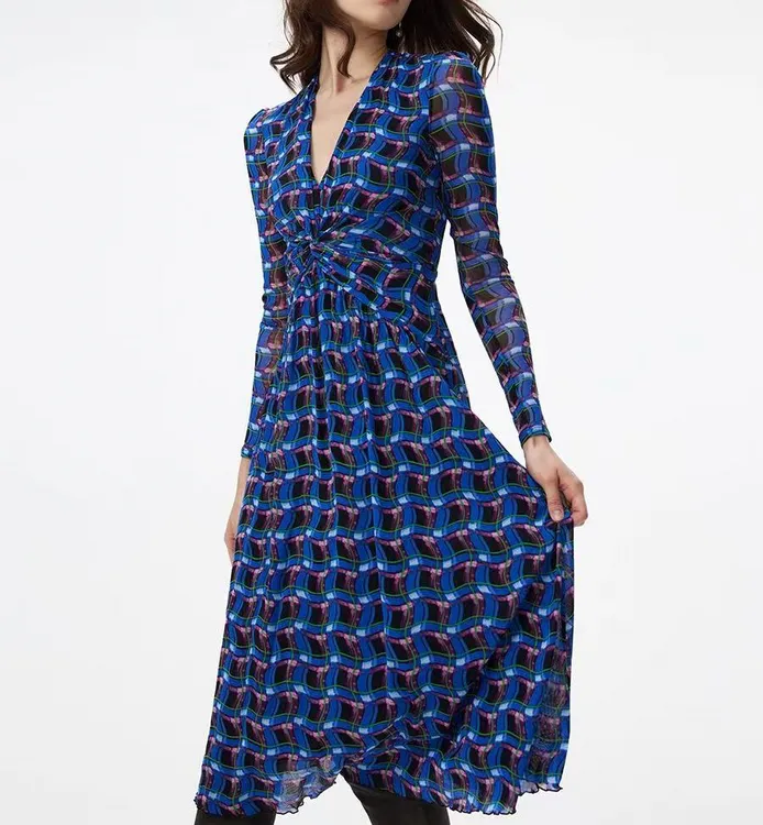 DV苏格兰格纹印花V领纽结修身进口弹力网纱气质连衣裙