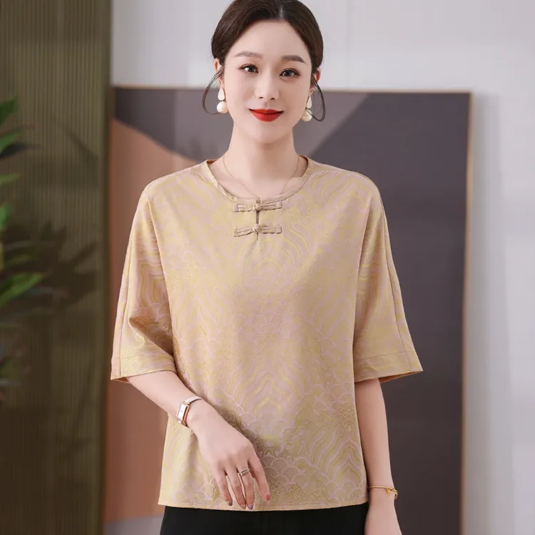中式旗袍T恤衫 中老年女装盘扣中国风文艺五分袖宽松衬衣妈妈装