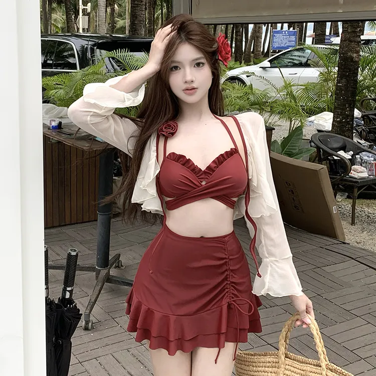 【暗夜玫瑰】新款显白聚拢防晒速干显瘦分体泳衣女乐园泳装大码