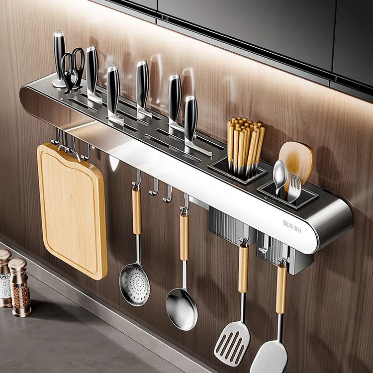 304不锈钢免打孔厨房刀架置物架多功能收纳架筷笼筷子筒壁挂式架