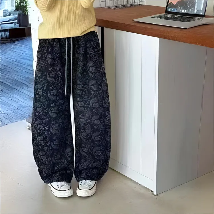 女童休闲裤2025秋季新款中大童复古提花弯刀裤时髦阔腿垂感长裤子