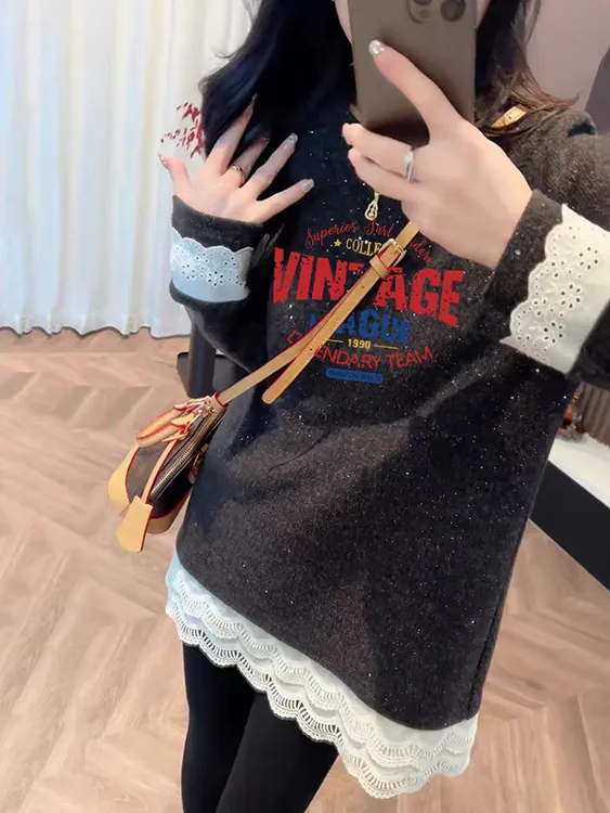 冬季德绒加厚韩版中长款假两件蕾丝拼接花边亮闪闪长袖T恤女内搭