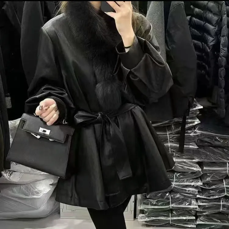 领系带收腰气质皮衣中长款加厚保暖冬季外套