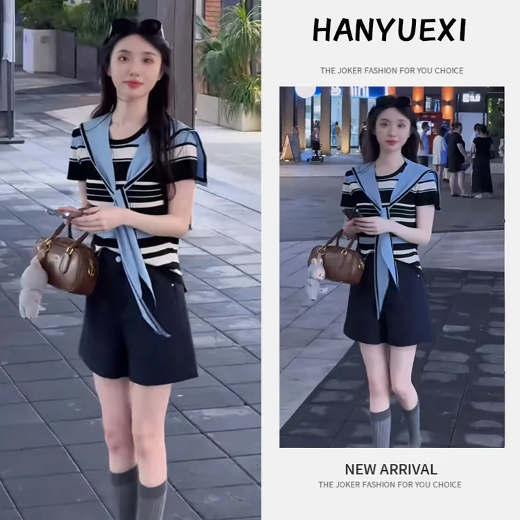 夏季时尚一整套女装2025新款韩版披肩条纹短袖百搭高腰短裤三件套