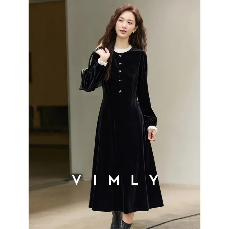 梵希蔓法式名媛风丝绒a字连衣裙女冬木耳边圆领小黑长裙A3211