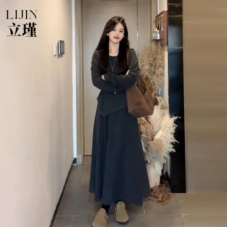 入冬一整套装灰色洋装子女秋冬季2025年新款高级感内搭内搭长裙