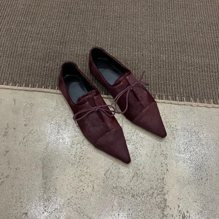 小众设计感复古马毛尖头深口系带平底时尚百搭优雅单鞋平跟平底鞋