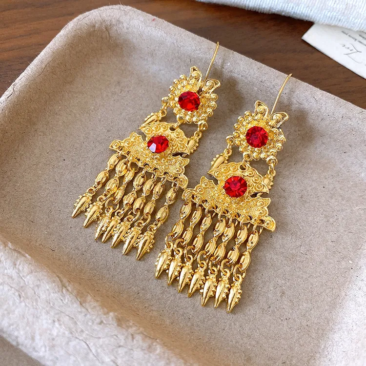 铜合金耳饰 褶皱扇形花朵流苏耳钩复古高级感精致轻奢耳环时尚小