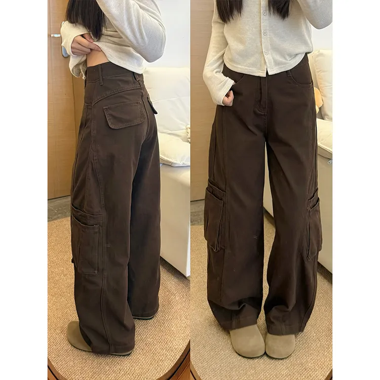 美式多口袋工装阔腿牛仔裤女2025新款秋季复古宽松显瘦直筒拖地裤