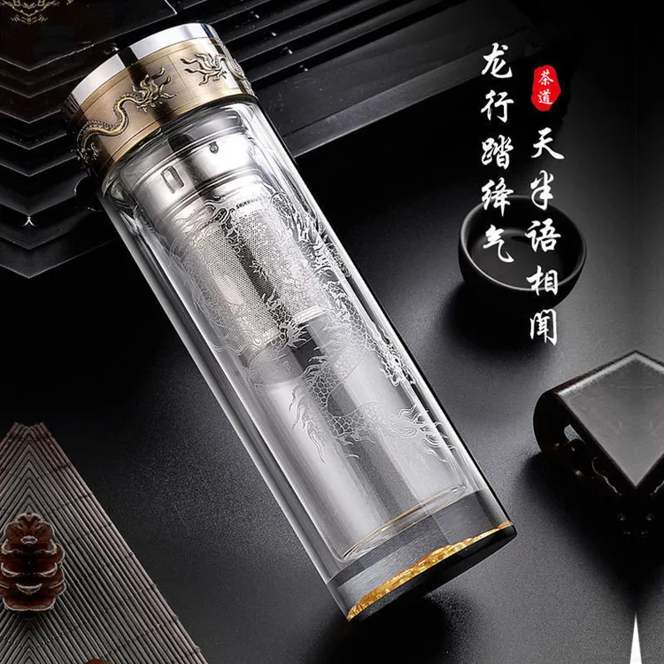 高硼硅龙纹水杯透明玻璃杯隔热防烫双层泡茶杯带茶漏商务礼品杯子