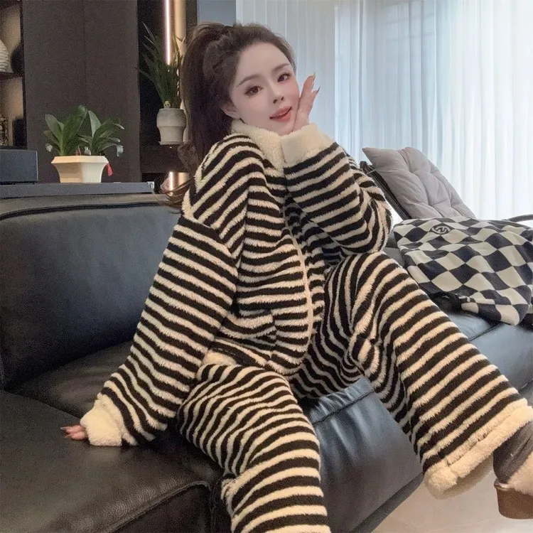 【西藏包邮】加厚加绒珊瑚绒外套女冬季新款简约风条纹睡衣