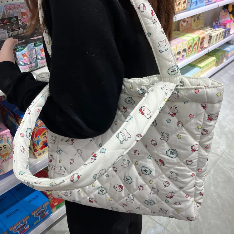 ZY实拍秋冬新款可爱kitty单肩包百搭充棉菱格通勤包大容量托特包