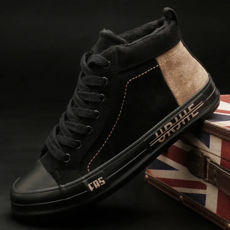 25905 韩版高帮系带板鞋加绒加厚男鞋冬季纯色潮鞋百搭休闲绒布鞋