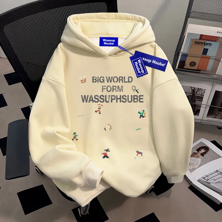 WASSUP HSUBE小众潮流ins无口袋连帽卫衣青少年重磅美式套头上衣