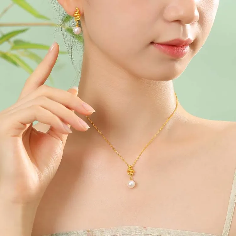 合金耳饰 【蛇还珠】925纯银蛇还珠项链耳钉本命年蛇耳环项链套装