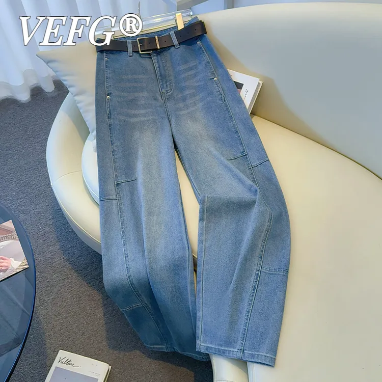 VEFG高腰直筒牛仔裤弯刀裤女秋季2025年新款梨形身材宽松显瘦拖地