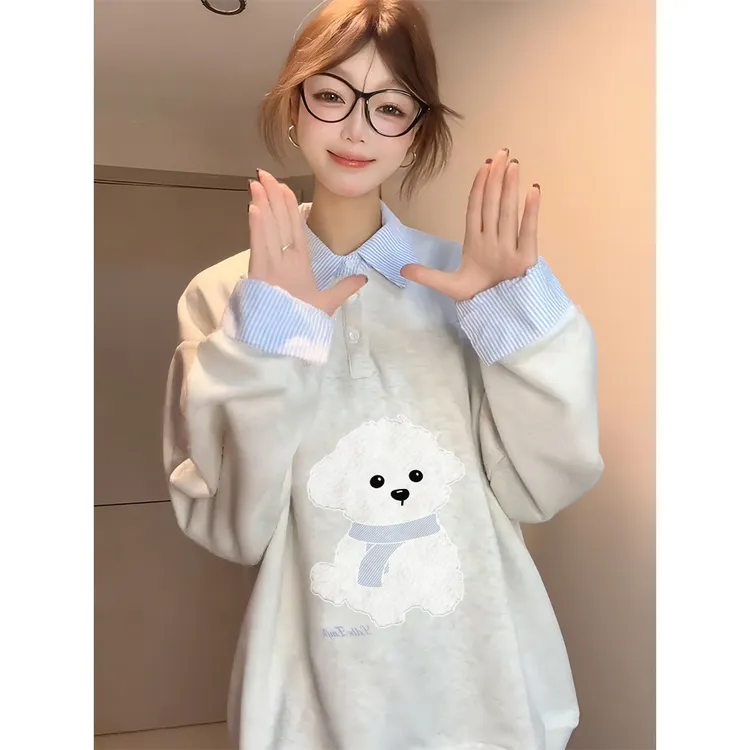 刺绣小狗拼接衬衫假两件卫衣女春秋薄款宽松无帽上衣设计感小众潮
