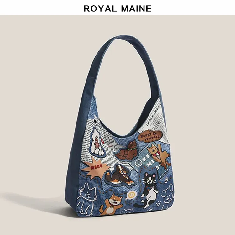 休闲文艺印花猫日韩扣式女士单肩包做旧牛仔通勤腋下托特包