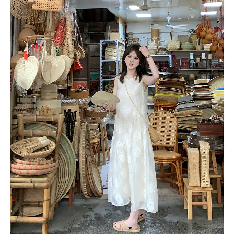 韩系温柔风连衣裙2025新款夏季圆领无袖小个子甜美无袖连衣裙3907