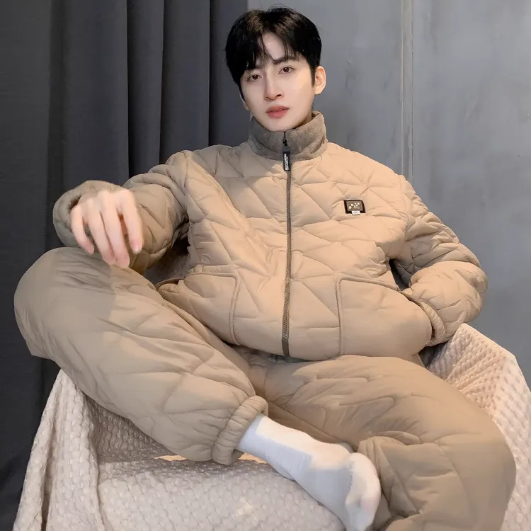 羽绒睡衣男冬季2025新款三层加厚夹棉袄保暖拉链防水家居服可外穿