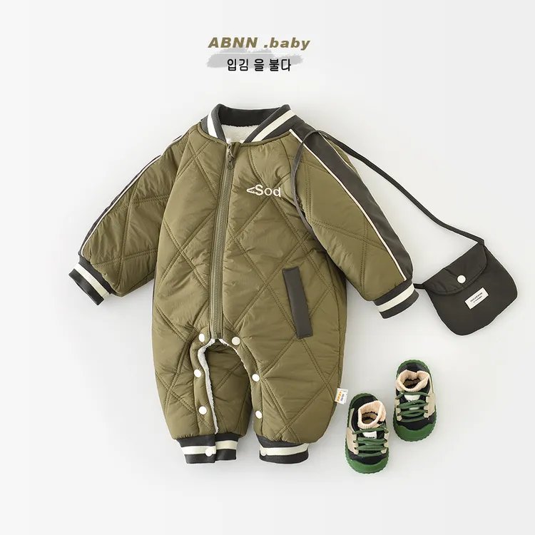 abnn男童秋冬加厚爬服宝宝菱格绗棉婴幼儿加绒保暖连体衣