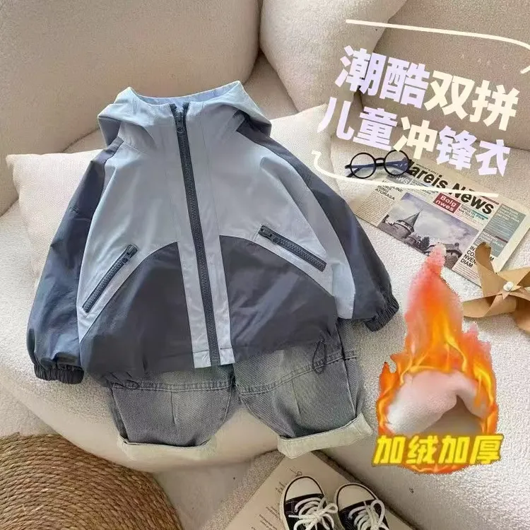 儿童加绒外套秋冬男2025新款中小童抽绳拉链上衣潮宝宝夹克女保暖