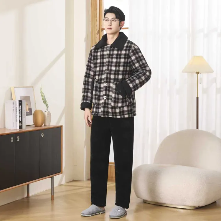 冬季新款男士青年加厚加绒格子休闲家居服套装睡衣可外穿867