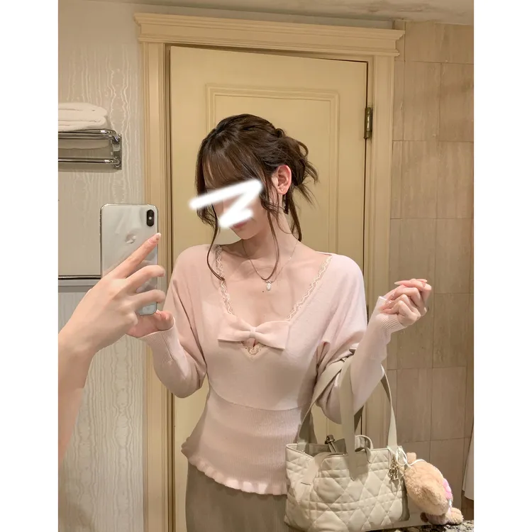 桃系私藏 蕾丝挂脖胸衣温柔风甜美蝴蝶结毛衣收腰粉色针织衫套装