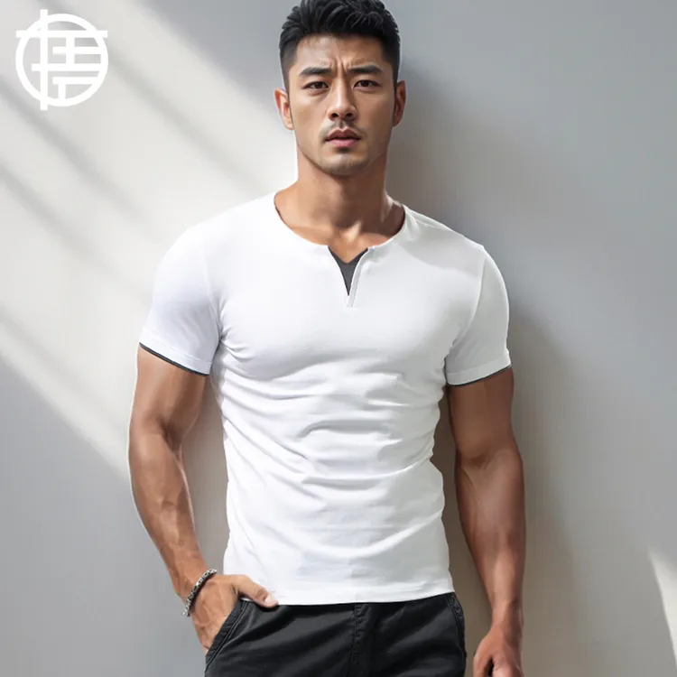 V领短袖男士T恤纯色棉紧身修身弹力硬汉透气打底衫夏季假两件体恤