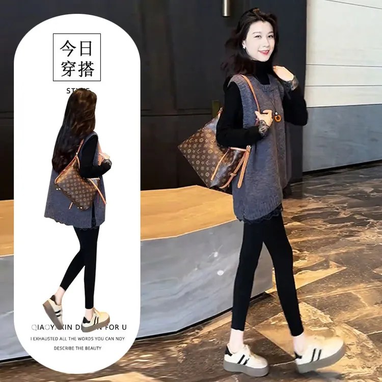 2025秋冬新款不规则下摆无袖针织马甲套装女蕾丝长袖打底衫三件套