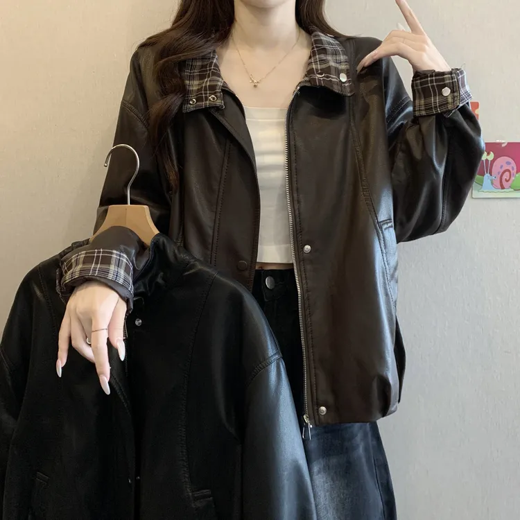 港风复古加厚保暖皮衣外套女冬季2025新款大码胖mm宽松夹克衫上衣