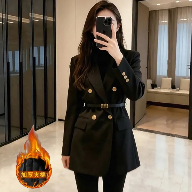 黑色加厚夹棉毛呢外套女秋冬2025新款双排扣腰带气质显瘦羽绒西装