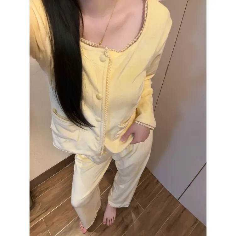 【奶呼呼黄花边】甜美少女舒适德绒睡衣女冬加厚加绒保暖套装家居服