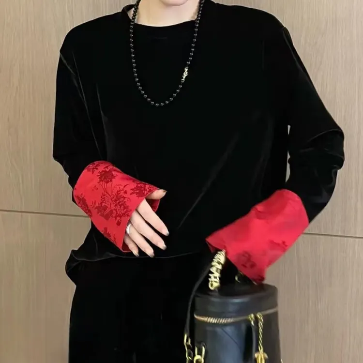 【月姐家】新中式国风丝绒拼接撞色圆领2025秋冬复古禅意宽松上衣