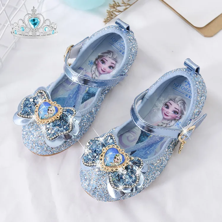 爱莎公主鞋平底女童春季时尚亮片单鞋儿童软底小女孩水晶鞋子韩版