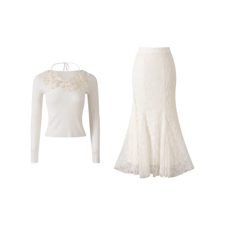 无艳一禾【白虞晚】法式浪漫绵羊毛针织衫+蕾丝亮片半裙