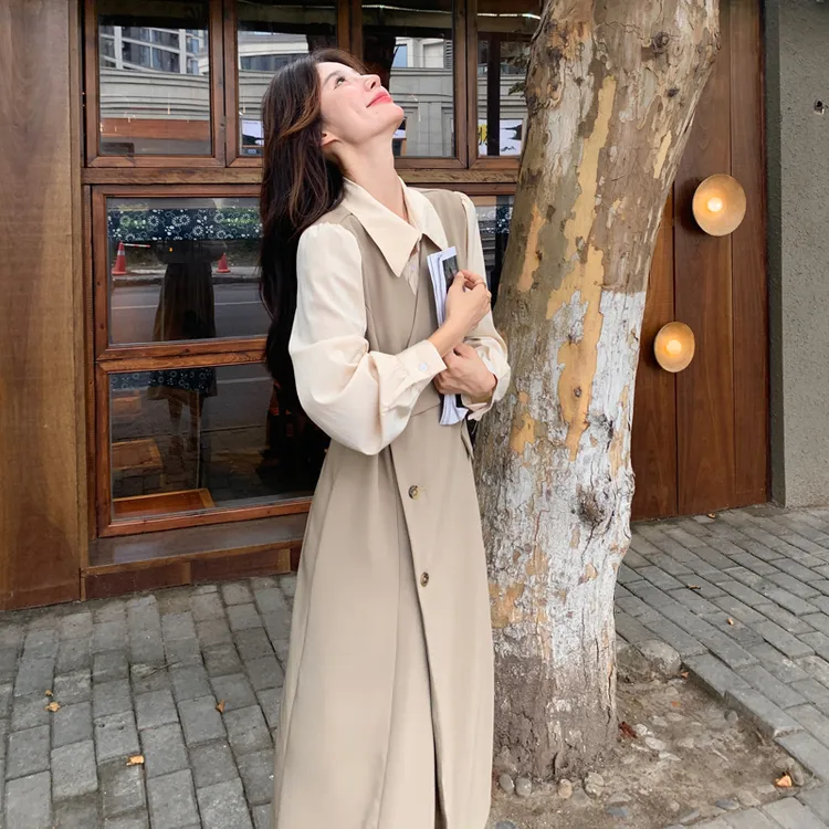 韩系轻职场端庄时尚假两件连衣裙女2025秋新款流行通勤气质衬衫裙