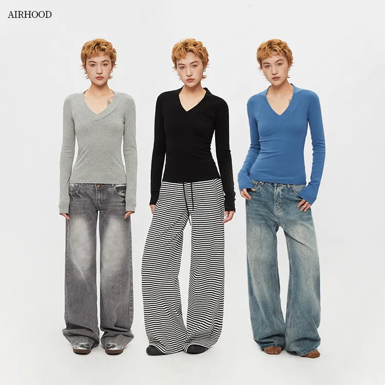 AIRHOOD 秋季V领长袖T恤女i国潮ns修身显瘦纯色百搭辣妹上衣C5421