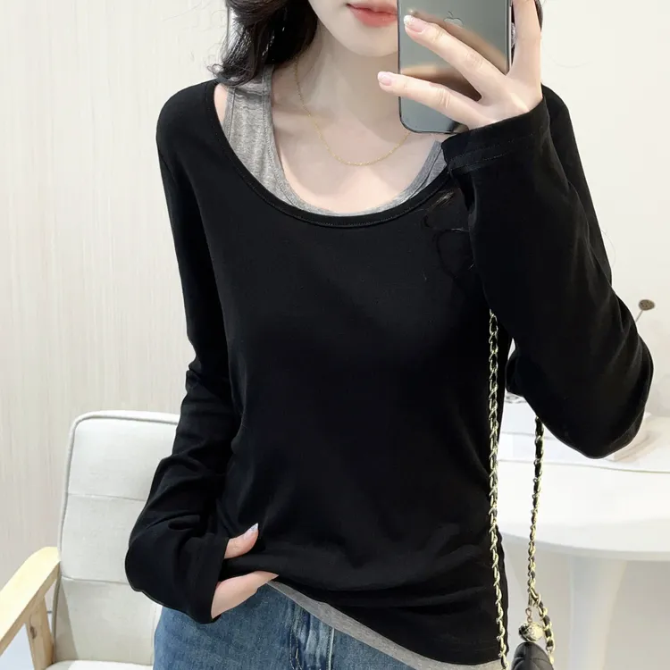 设计感假两件T恤女秋冬韩系穿搭露肩独特别致长袖打底衫显瘦上衣