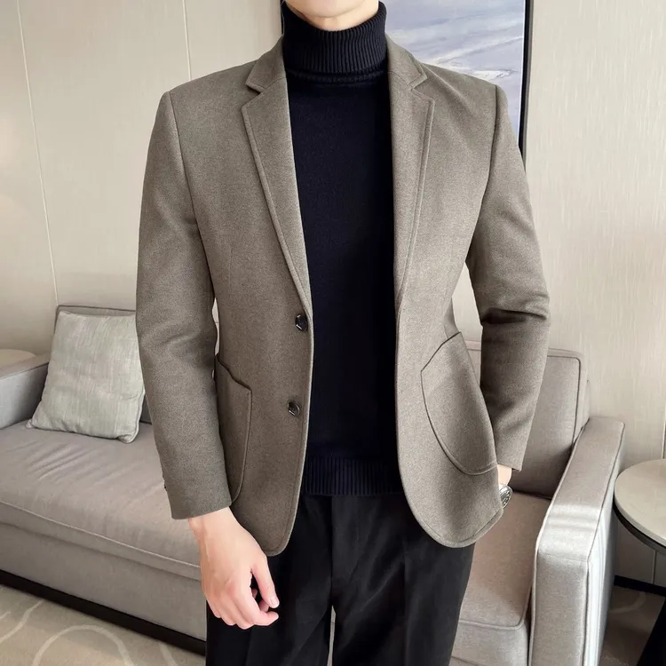 秋冬季韩版男士毛呢款修身外套男两粒扣西装潮流休闲上衣帅气西服