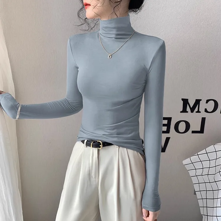 莫代尔黑色高领打底衫女秋冬季新款内搭高级感堆堆领修身长袖上衣