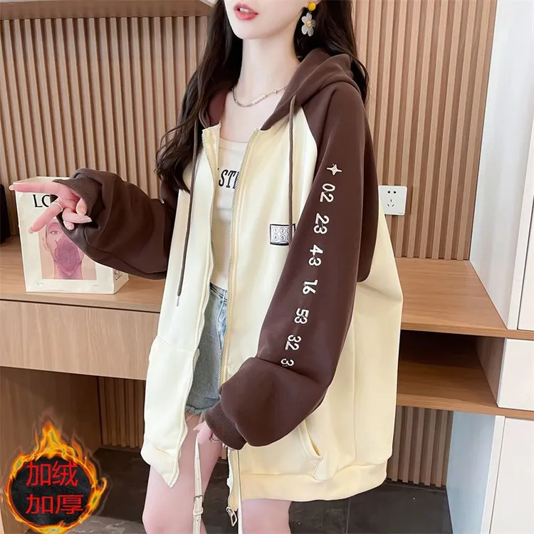 时尚拼色刺绣外套女纯棉华棉休闲百搭开衫拉链加绒加厚秋冬季上衣