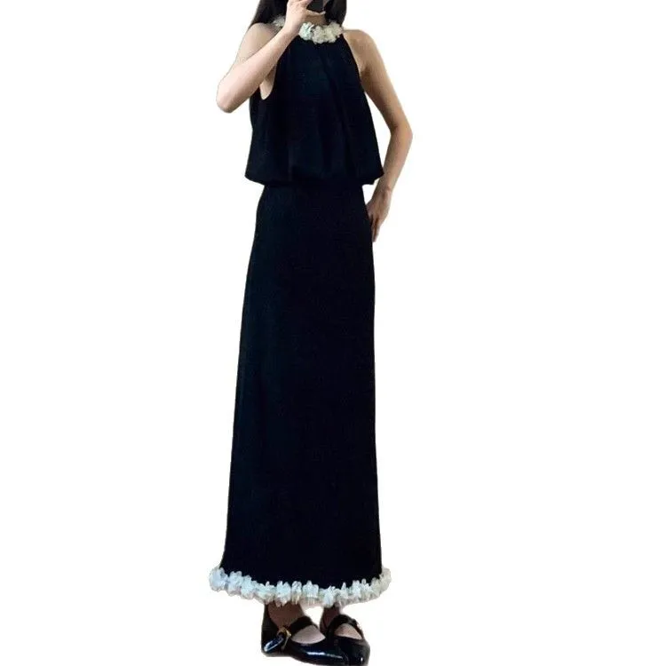 夏季新款两件套裙无袖上衣黑色半身裙高级感冷淡风盐系穿搭套装女