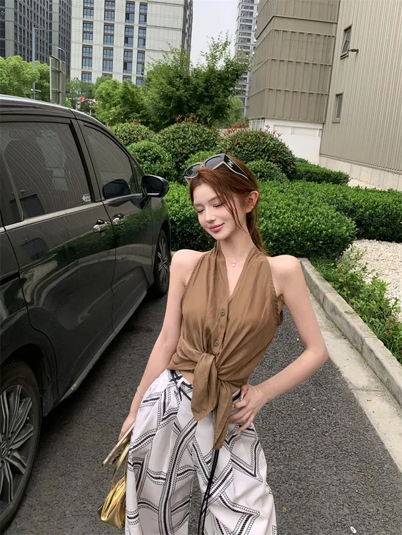 纯欲风辣妹性感V领百搭无袖背心上衣+休闲印花垂感宽松阔腿休闲裤