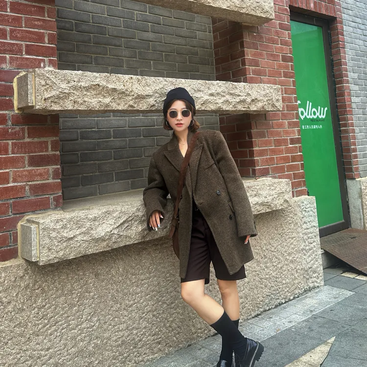 冬上新【老娜娜2】棕色双面羊毛大衣短款灰棕色短款外套