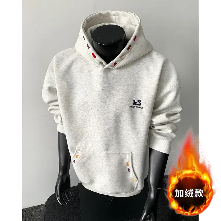 秋冬慵懒风美式重磅连帽卫衣男设计感小众彩色刺绣加绒加厚外套潮