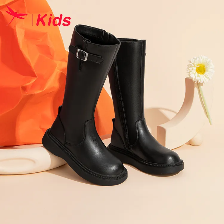 红蜻蜓女童鞋儿童长筒靴子2025新款高筒长靴马丁皮靴时尚厚底加绒