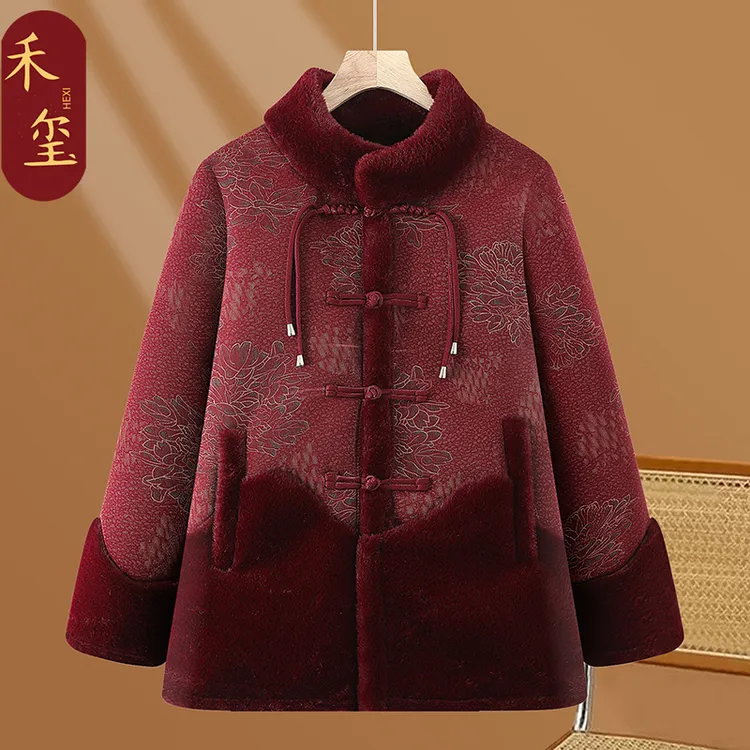 中国风加绒加厚毛呢外套立领新中式奶奶中老年女装加绒妈妈装秋冬