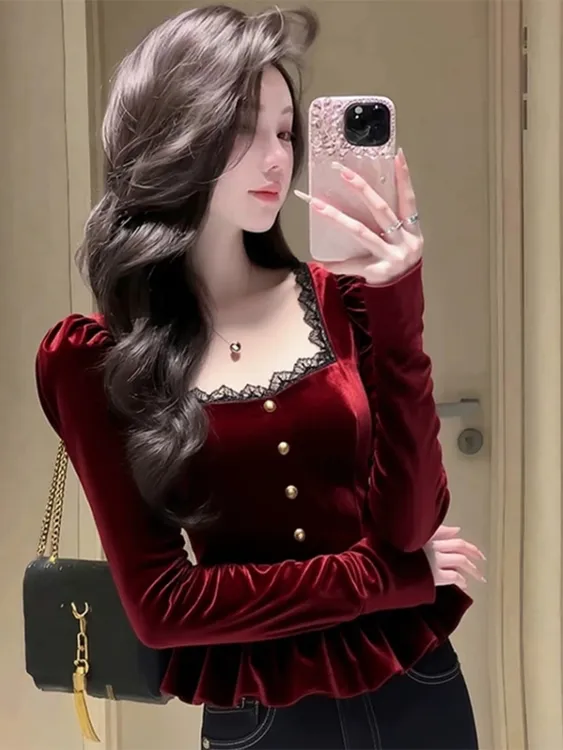 红色丝绒衬衫女秋冬高级感轻奢减龄洋气独特漂亮掐腰法式小资上衣